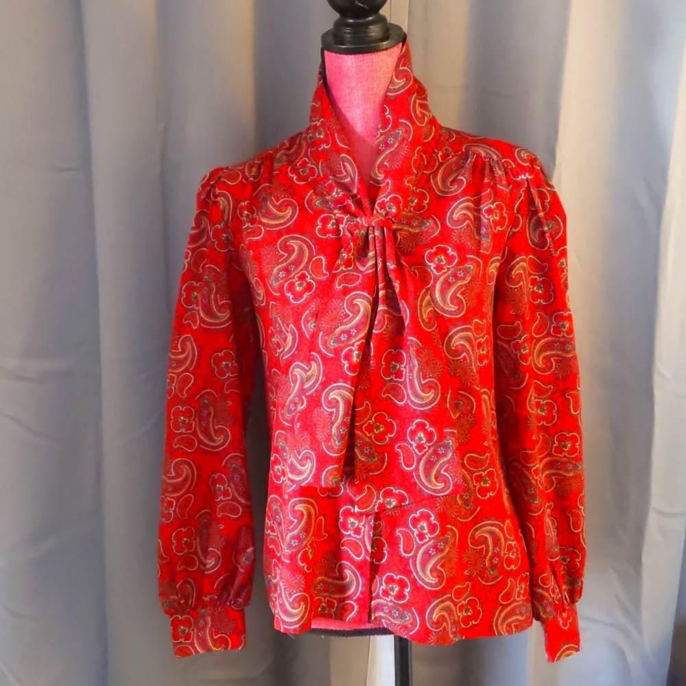 Vintage Silky Judy Bond Size 12 Tie Blouse Paisley Button Up